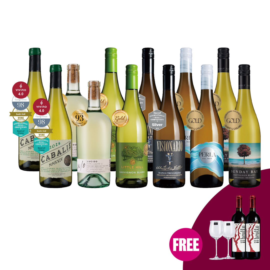 2.Awarded Whites 12btl + 2 FREE Reds + FREE Wine Glasses