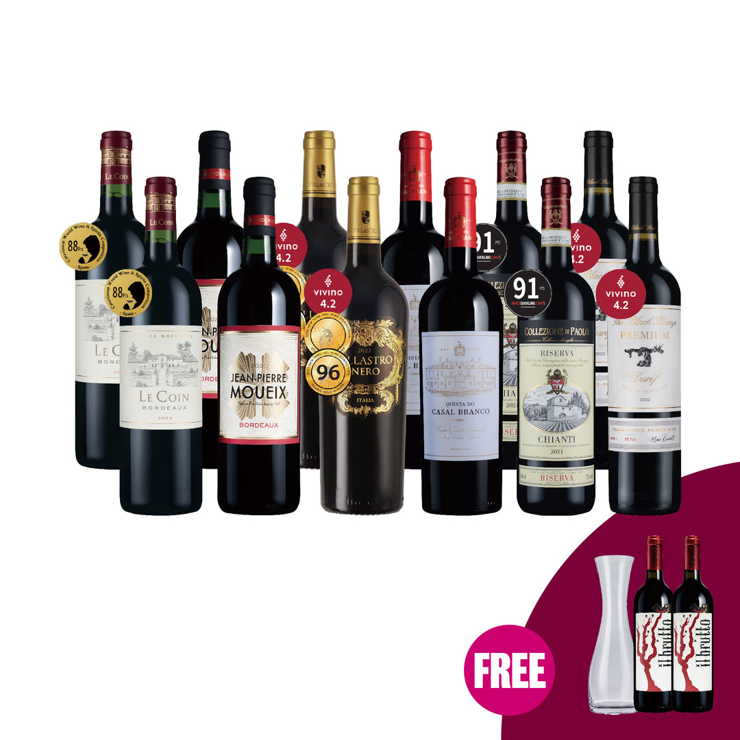 3.Connoisseurs Reds 12btl + 2 FREE Reds + FREE Decanter