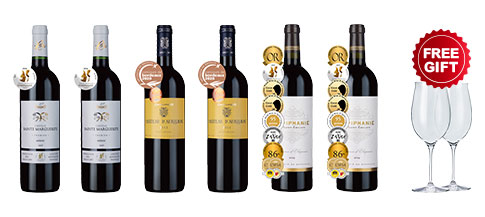 Prestige French Bordeaux Six 6btl + 2 FREE Bordeaux Glasses